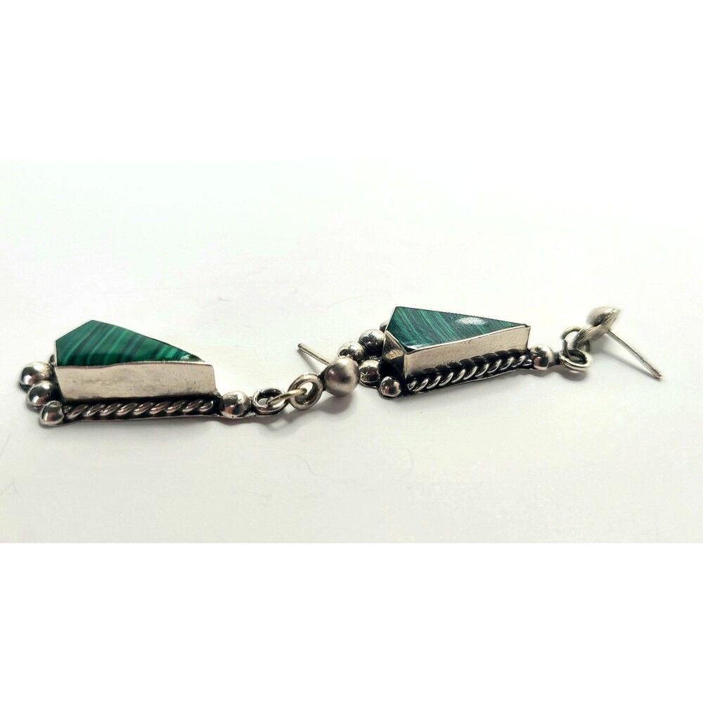 925 Sterling Silver Malachite Earrings Dangle Drop Gemstone Inlay Southwestern - Picture 3 of 7